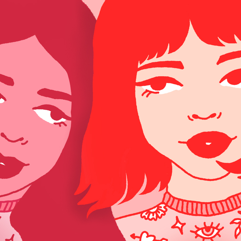 Two cartoon women looking at each other