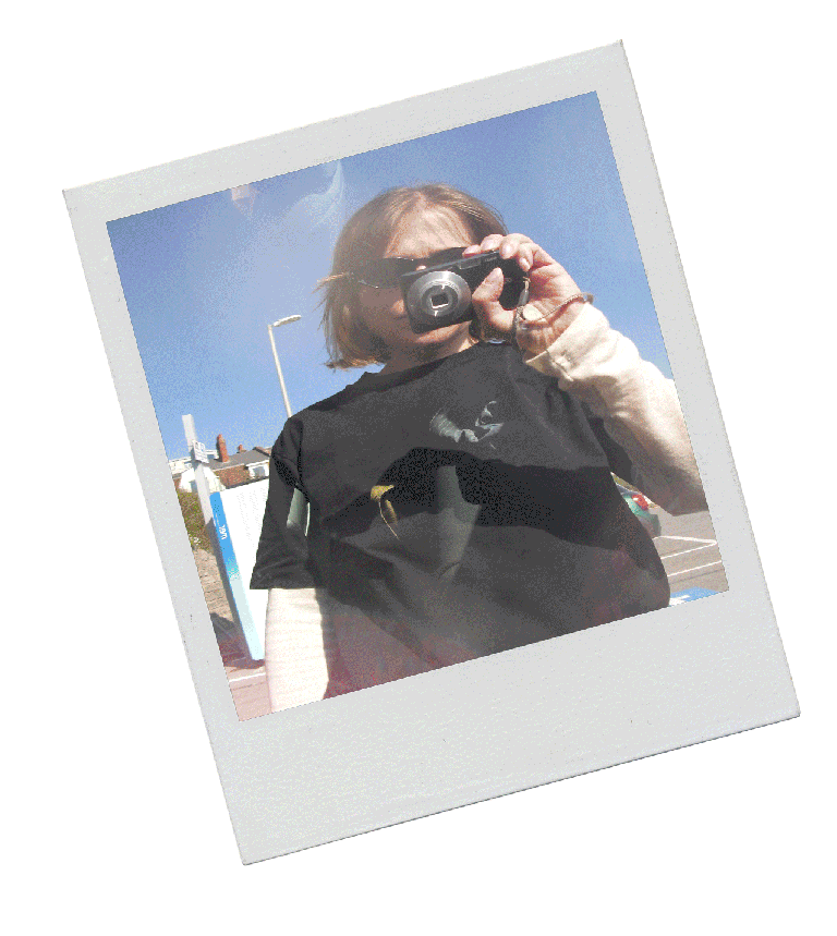 Moving Gif of a polaroid featuring Natalie playing pool, posing in front of a statue and holding a drink.